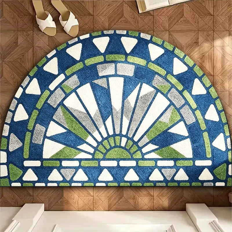 VIKAMA Blue Green Geometric Mosaic Half Round Bath Mat, Non-slip Water Absorbent Modern Bathroom Rug