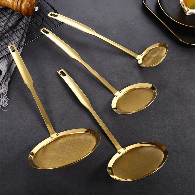 5 Sizes Golden Stainless Steel Skimmer Mesh Oil Pot Filter Strainer Ladle Sieve Colander with Long Handle Kitchen Accessories