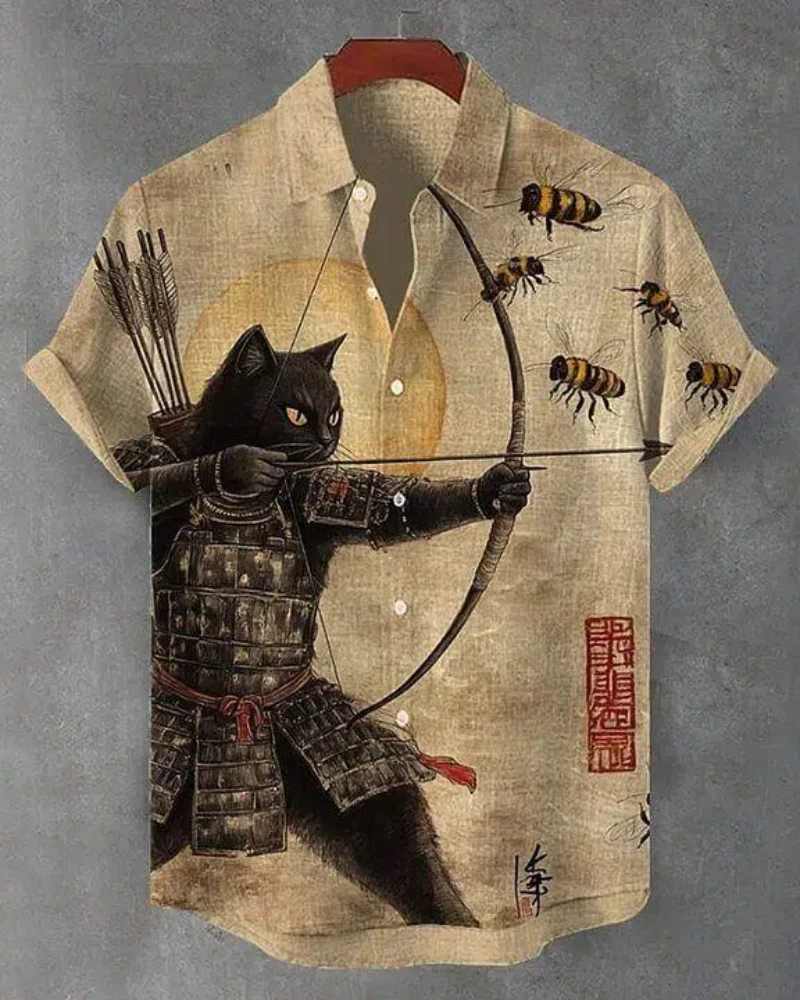 Men's fashionable short-sleeved shirt with fashionable black cat archer ninja series art pattern print