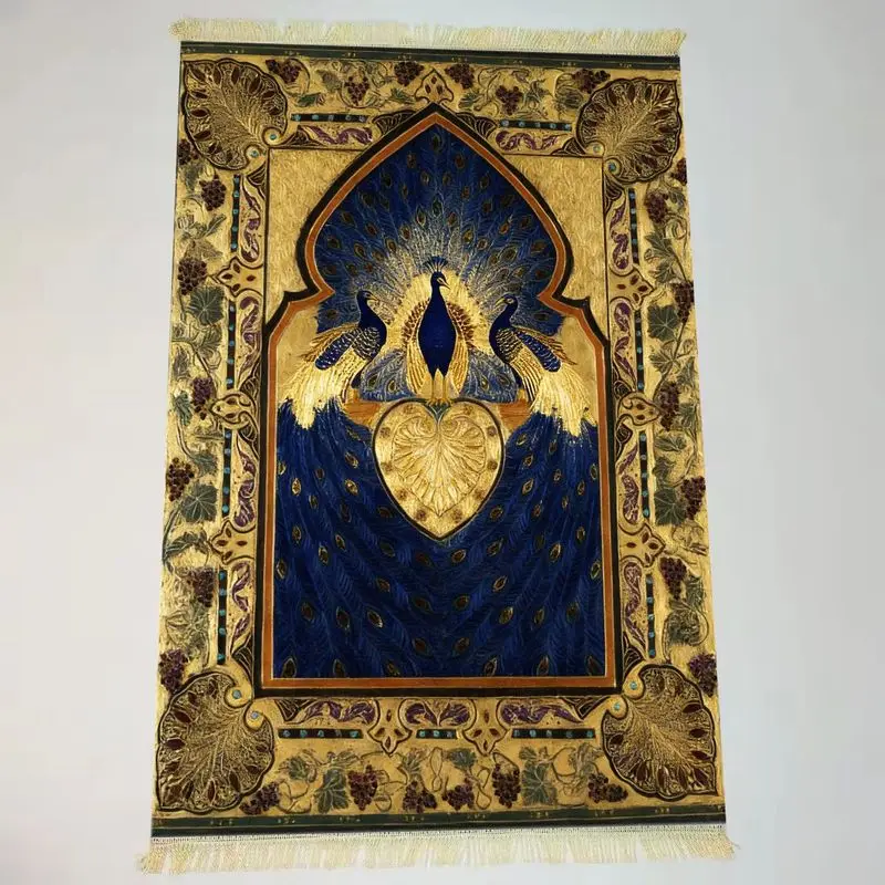 VIKAMA Light Luxury Blue Gold Peacock Arch Islamic Prayer Mat, Foldable Portable Muslim Prayer Rug for Home Decor