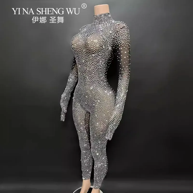 Mono de lujo con diamantes de imitación, traje de baile de Jazz ajustado con lentejuelas de manga larga y cuello redondo con diamantes de imitación brillantes