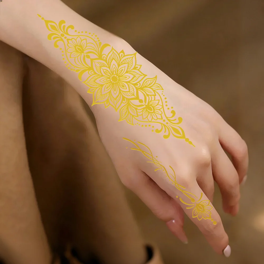 1pc Metallic Flower Tattoo Stickers for Women Waterproof Golden Henna Mandala Temporary Tattoos Fake Tattoo Wedding Body Decor