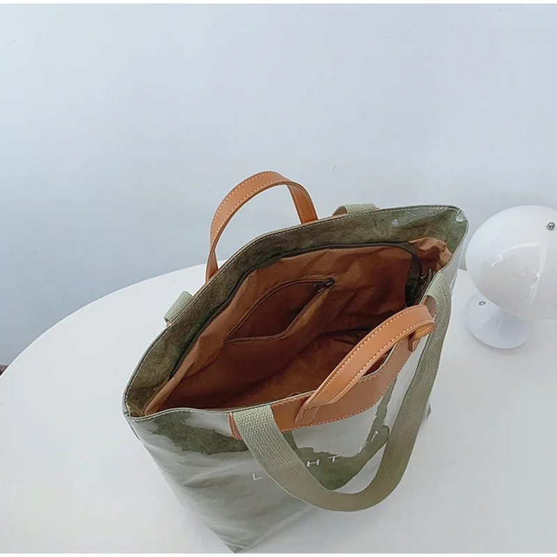 Klare Tragetasche aus PVC-Kraftpapier mit Farbkontrast, luxuriöse Vintage-Hobo-Umhängetasche, wasserdichte Shopper-Handtasche mit Buchstaben oben – Detail 9