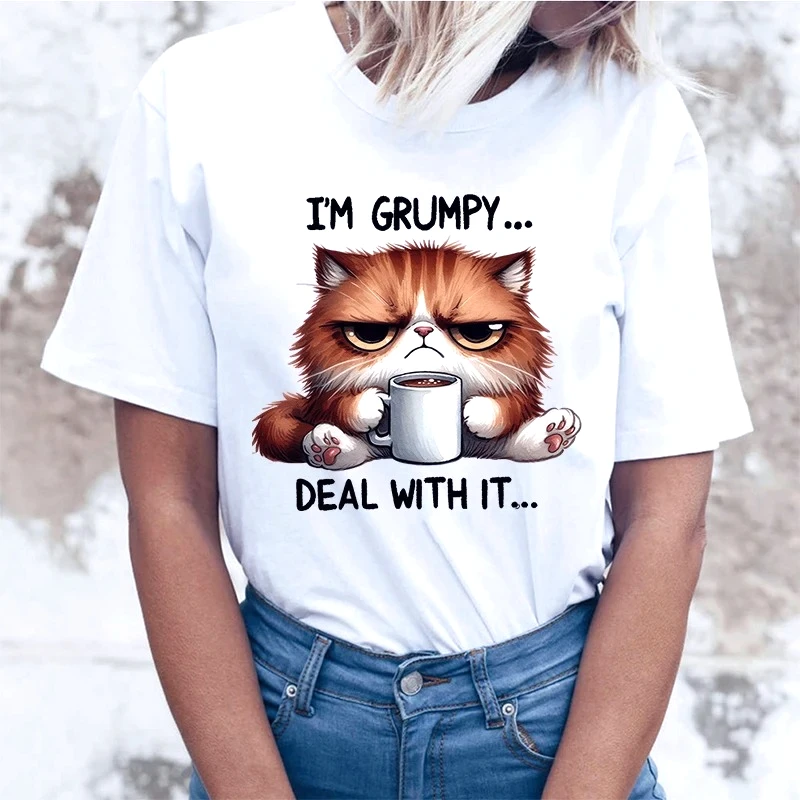New Funny Cat I'M Grumpy Deal with Is T Shirt Unisex Short Sleeve O Neck Summer Casual Letter Printing Women Cute Kitten Top Tee