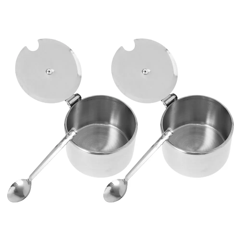 

2Sets Stainless Steel Sugar Bowls Spoon Lid Coffee Bar Salt Candy Jars Kitchen Storage Accessories Durable Multipurpose Airtight
