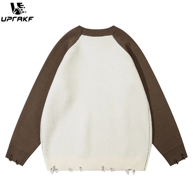 UPRAKF Contrast Color Kids Letter Ripped Sweater Autumn Fashion Streetwear Pullover Winter Long Sleeve Loose O Neck