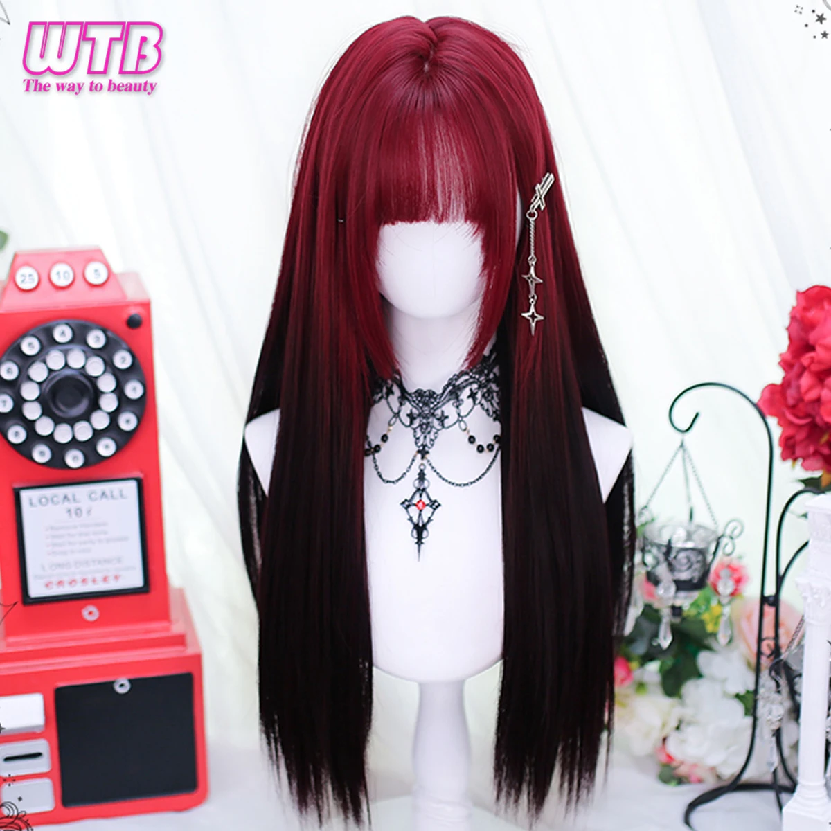 WTB Synthetic Hair Wine Red Black Long Straight Synthetic Lolita Wig High Temperature Fiber Wig with Bangs Cosplay Halloween Wig