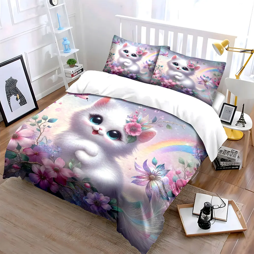 Adorable kitten in dreamy flowers Printed Duvet Cover Set1 Duvet Cover+2 PillowcaseMulti Size Bedroom Bedding Decor