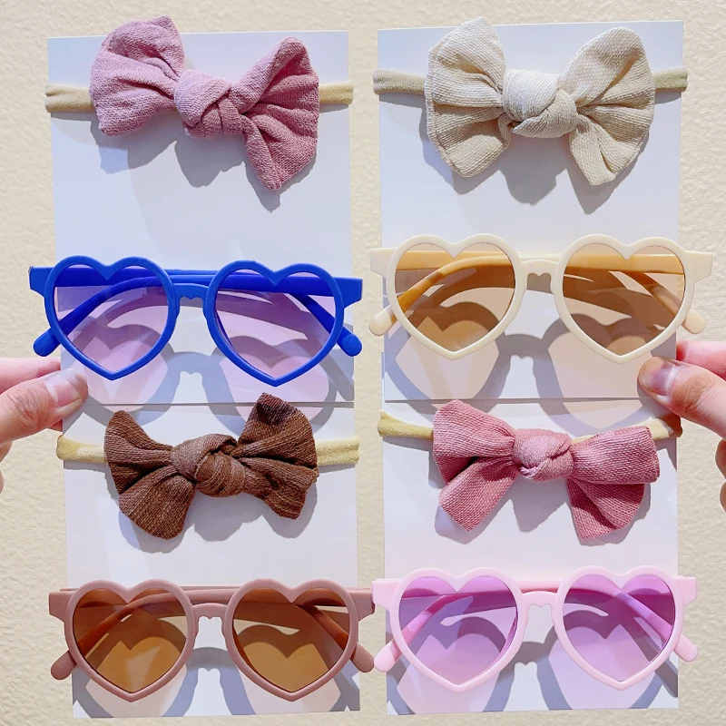 2pcs/set 2026 Soild Bowknot Hairbands For Girls Fashion Pink Heart Sunglasses For Chlidren Kids Baby Hair Accessories  Gift