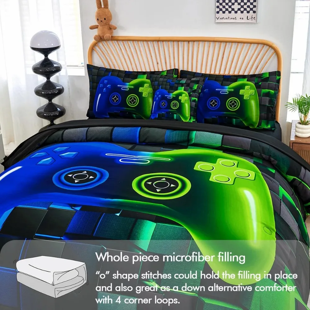 PERFEMET Jogo de 6 peças Cama de tamanho completo em uma bolsa para meninos Azul e Verde Conjunto de cama para videogame com lençóis macios e fofos impressos em 3D
