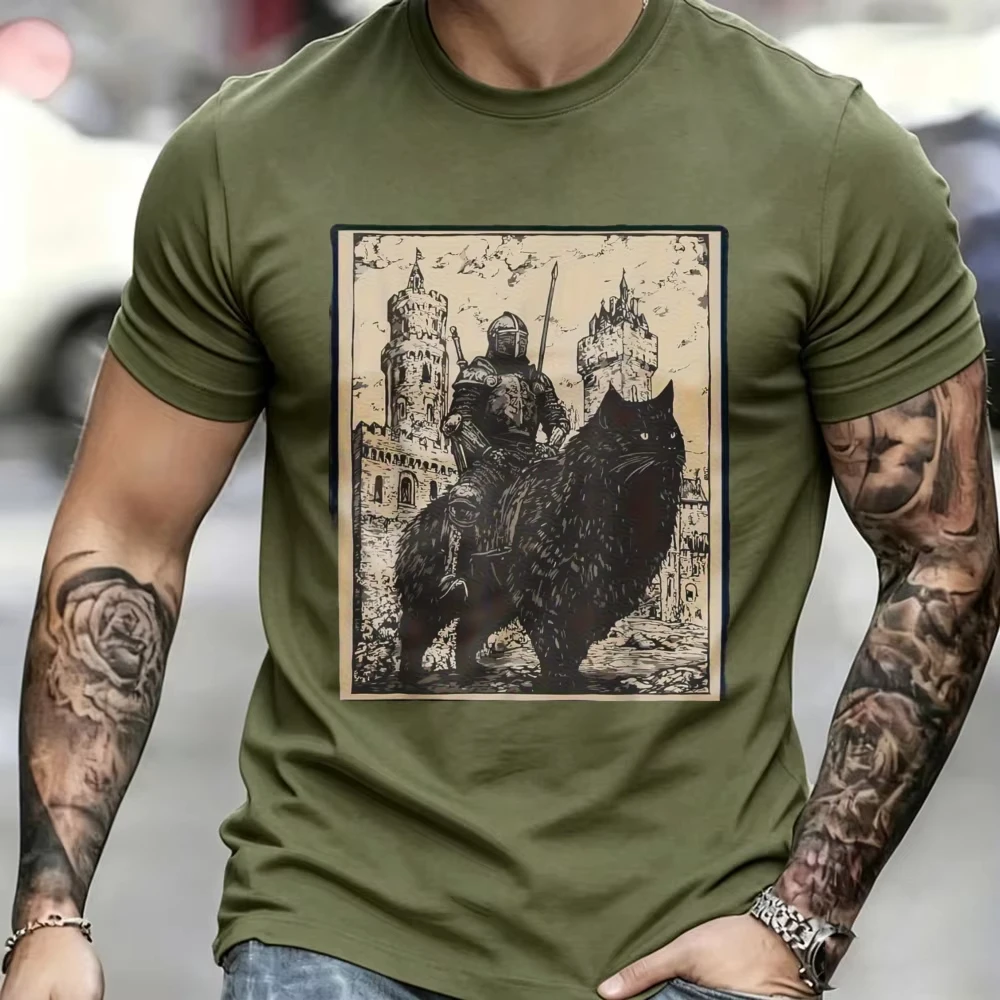Vintage Medieval Knight Riding Giant Wolf Castle Retro Distressed Graphic T Shirt Unisex Cotton Tee Dark Fantasy Gothic Casual
