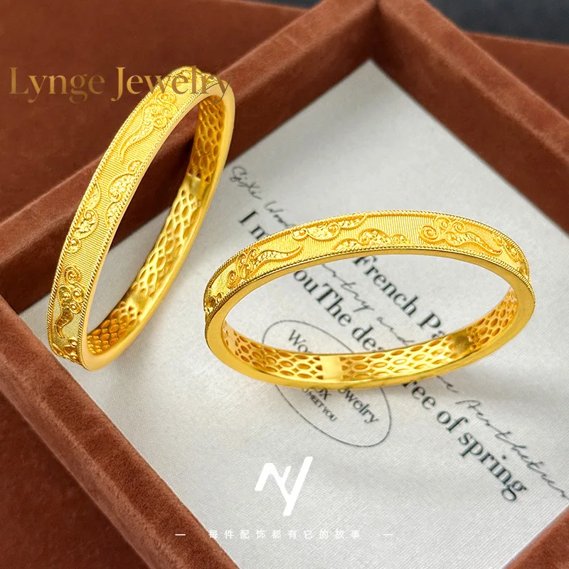 Lynge Jewelry 2025  New  Style 9999 New Chinese Style Light Luxurious Brushed Gold Silk Xiangyun 24K Real Gold Ring Bracelet Bra
