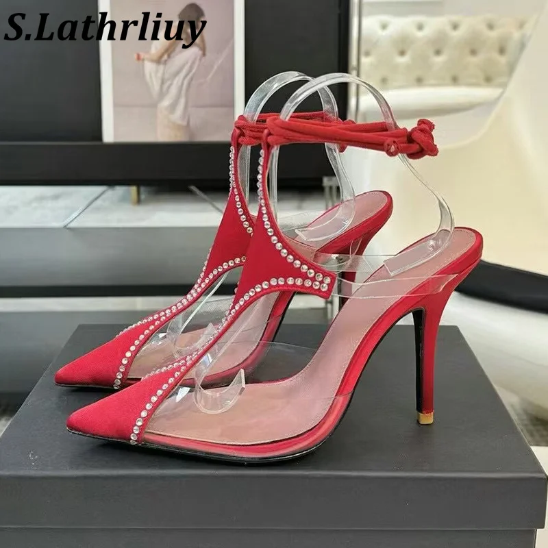 

Spring Summer Pointed Shiny Crystal Pvc Transparent High Heels Sandals Women Ankle Strap Thin Heel Sandalias Bridesmaid Shoes