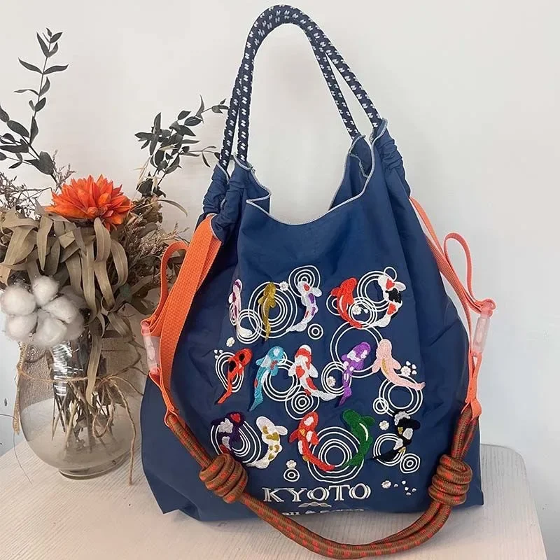 Ball&Chain Embroidery Handbag Cartoon Commuting Large Capacity Nylon Crossbody Shoulder Bags Canvas Shopping Bag Girls Gifts