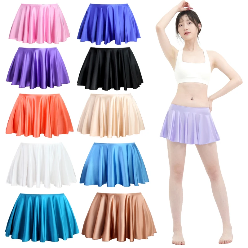 Women Smooth Oil Pleated Gymnastics Dance Umbrella Skirts Silky Schoolgirl Glossy Stretch Clubwear Lingerie Buttock Mini Skirts