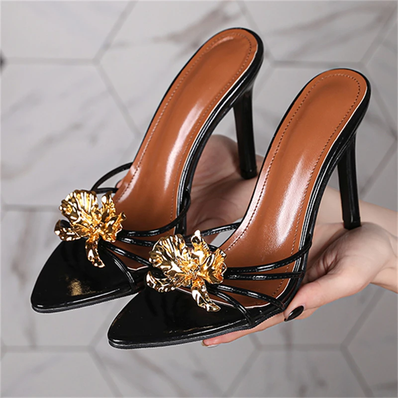 

Eilyken/летние пикантные тапочки с узкими ремешками и цветочным узором на тонком высоком каблуке, женские модельные туфли для вечеринок, шлепанцы с острым носком, Zapatos De Muje