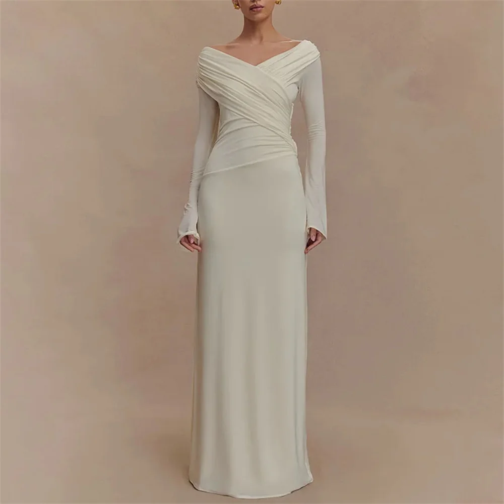 ROYET Pleat V Neck Long Sleeve Mermaid Evening Dress Floor Length Tulle Classic Formal New Prom Gown Customized 2025