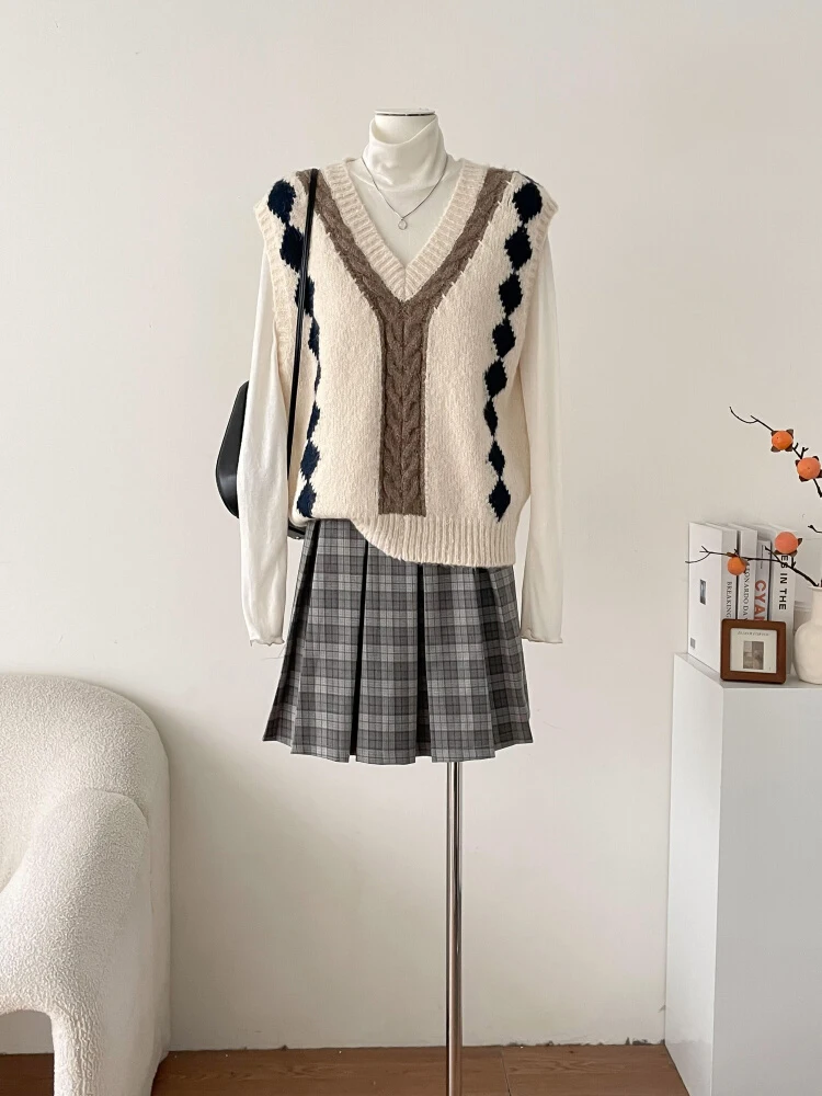 

Женский вязаный свитер с v-образным вырезом, жилет, осень-зима, новый дизайн, нишевые топы без рукавов, пуловер в консервативном стиле, повседневный свитер, жилет