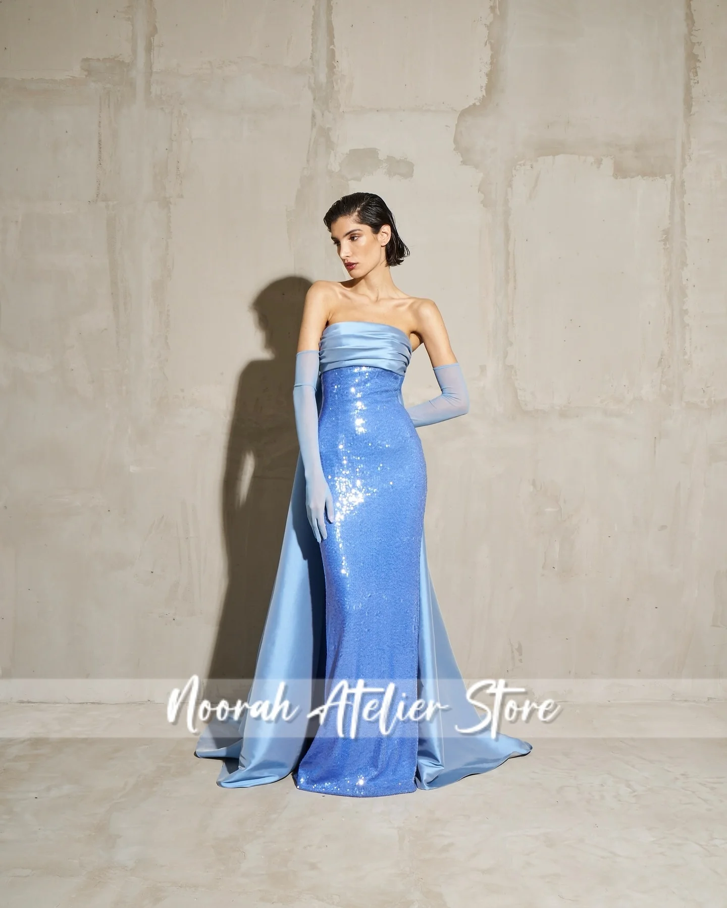 Brilhante azul sem alças de luxo alta qualidade vestidos de noite femininos 2025 com luvas trem cetim festa casamento vestido longo personalizado