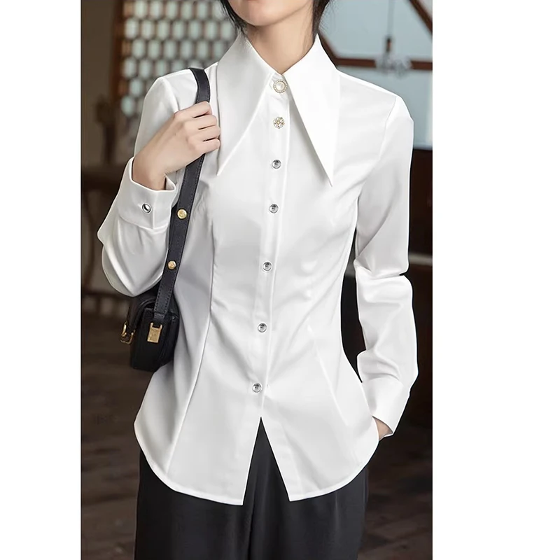 

Minimalist White Shirts Long Sleeve Elegant Business Casual Blouse Slim-fitting Professional Tops Office Ladies Stylish Shirts