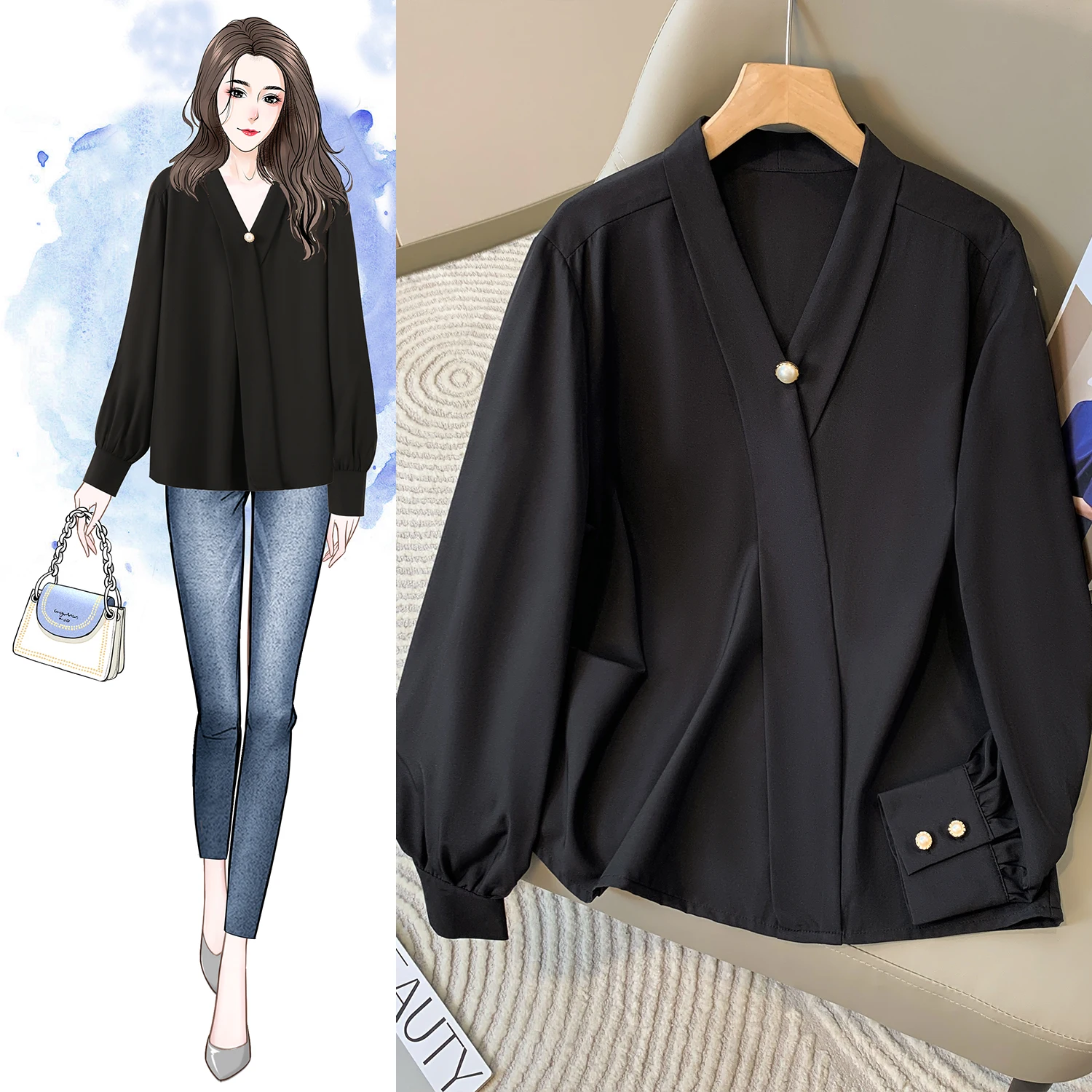 Plus Größe Chiffon Hemd Frauen 2024 Herbst V-ausschnitt Elegante Schwarz Oder Weißes Hemd Für Frauen Koreanischen Stil Große Größe blusen Weibliche