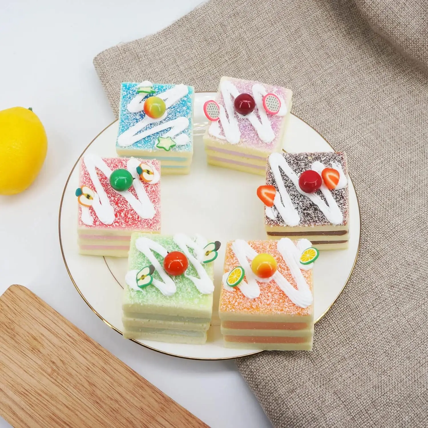 [6-Pack] Artificial Cube Cupcake Dessert Decor and Faux Pastries Food Replica for Kitchen and Bakery Display (Multicolor)