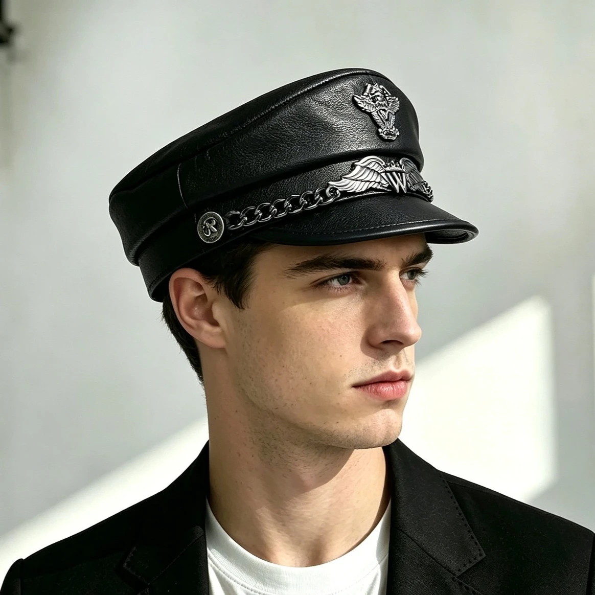 New Unisex German Military Cap Man Genuine Leather Sheepskin Flat Top Hat Fashion Eagle Mark Chain Locomotive Casquette Male