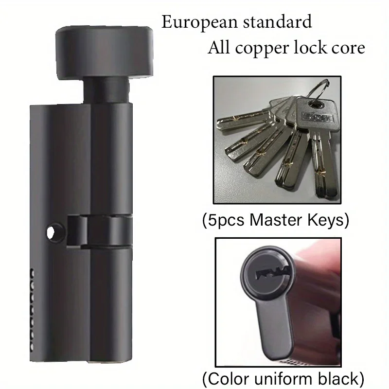 European Standard Black All Copper Lock Core, Anti-theft Indoor Door Lock, Universal Lock for Wooden Doors, 5pcs Master Keys