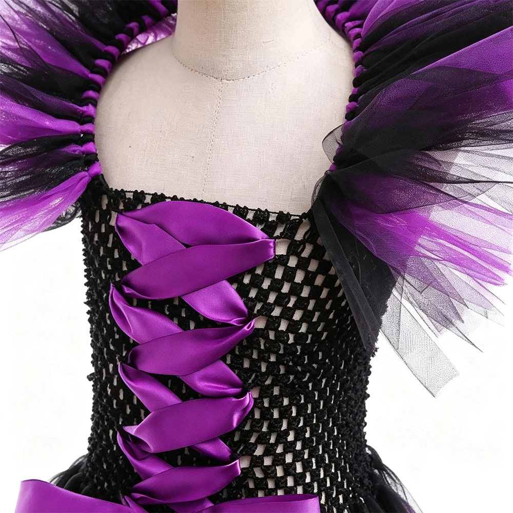 Halloween-Kostüm „Böse Königin“ für Mädchen, luxuriöses lila Tüll-Hexenkleid, Kindergröße 2–12 Jahre, Karnevalsparty, Bühnen-Cosplay-Outfit – Detail 7
