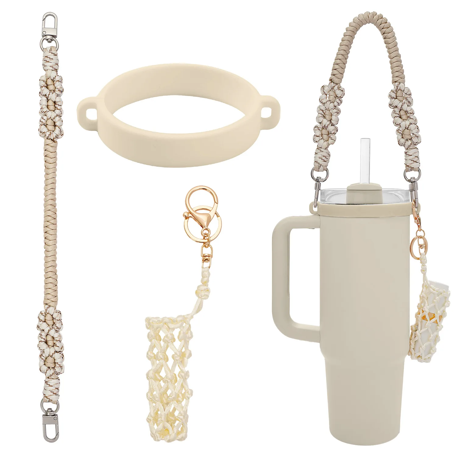 3PCS Handmade Knitting Daisy Flower Water Bottle Handle Strap Lipstick Holder Silicone Ring Set Portable Cup Lanyard For Stanley