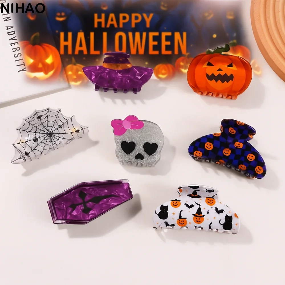 

Fashion Funny Halloween Hair Claw Spider Hat Shape Pumpkin Themed Gripper Hair Crab Clip Geometry Skeleton Shark Clip Party