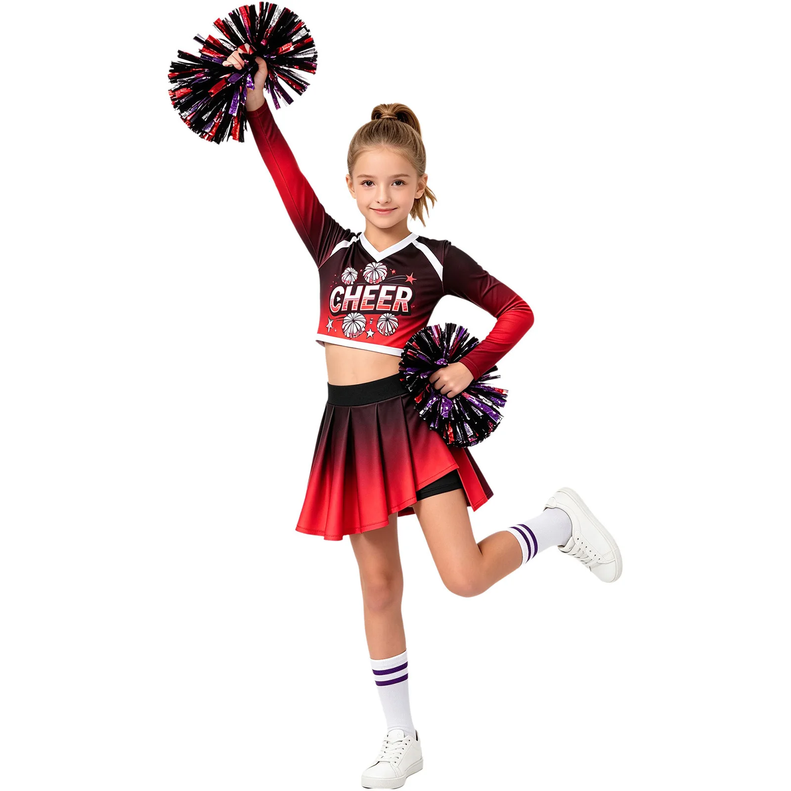 Girls Cheerleading Uniform Set Long Sleeve V Neck Crop Top Gradient Pleated Skirt Kids School Competition Cheer Leader Costume