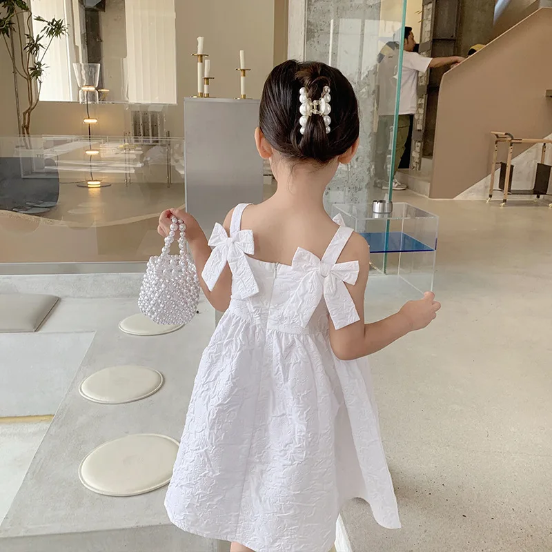 Summer Children Girls  White Suspender  Dress Baby Girl Bow  Sling Princess Dress