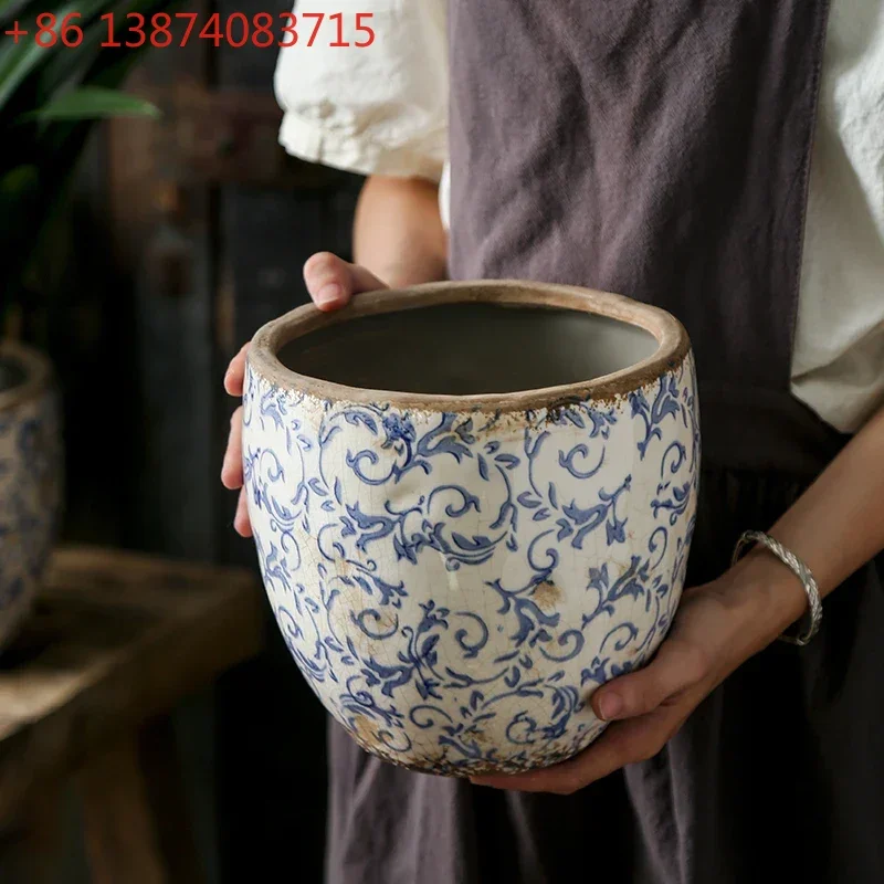 New Chinese Antique Blue And white Pottery Orchid Butterfly Ceramic Flower Pot Hydroculture Planting Flowers Green Plants Garden