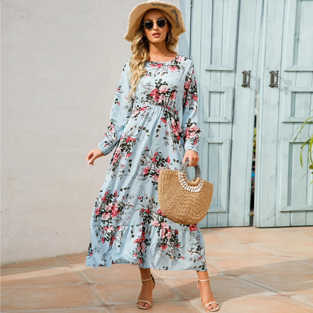 Vrouwen Maxi Jurken Sping Herfst Bohemian Casual Volledige Mouw Hoge Taille Strand Vrouw Chiffon Jurken Bloemen Vestido 'S Lange Jurk