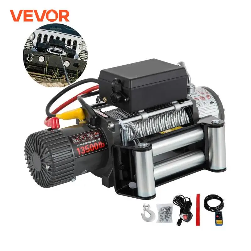 Электрическая лебедка VEVOR фунтов 12 В для 4x27 м, стальной трос, трос для автомобильного прицепа, буксировочный ремень с беспроводным управлени...