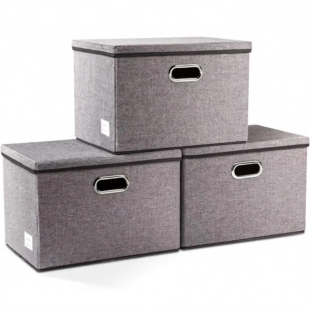 

Collapsible Storage Bins Set of 3 - Linen/Cotton Blend, Foldable Organizer Boxes with Lids for Home, Bedroom, Closet, and Nurser