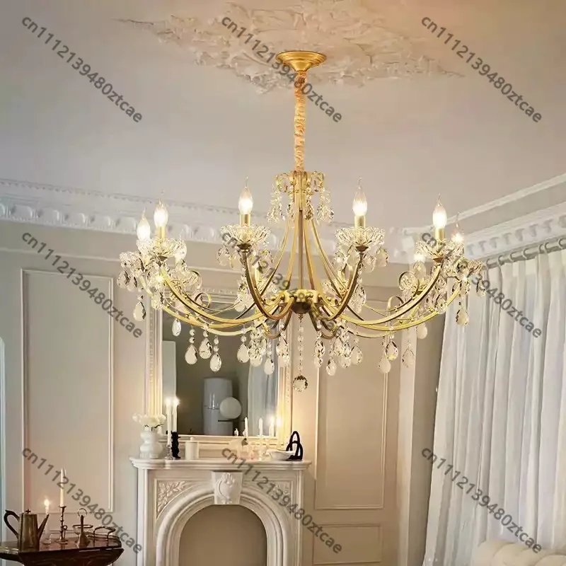 French Vintage Crystal Candle Chandelier Light Luxury Pendant Lamp for Living Room Bedroom Dining Room