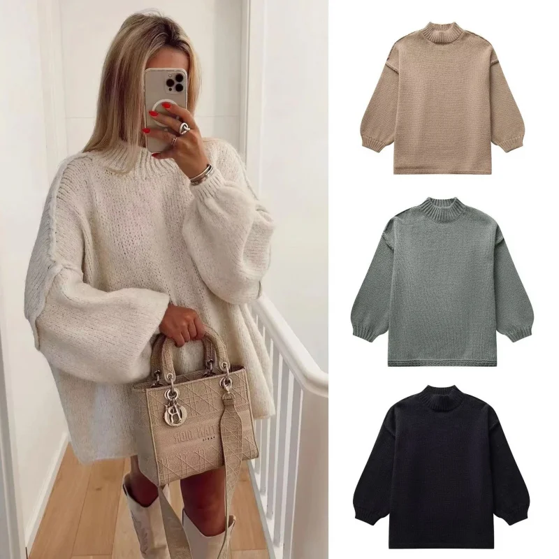 

European American Women's Clothing Autumn and Winter New Street Fashion Multi-color Half-high Collar Knitted Jacket
