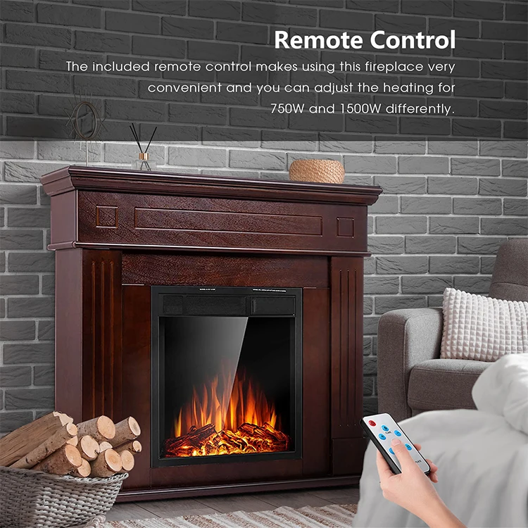 Factory Selling Garage Household Remote Control Brown Mantel Wooden Surround Firebox Electric Fireplace