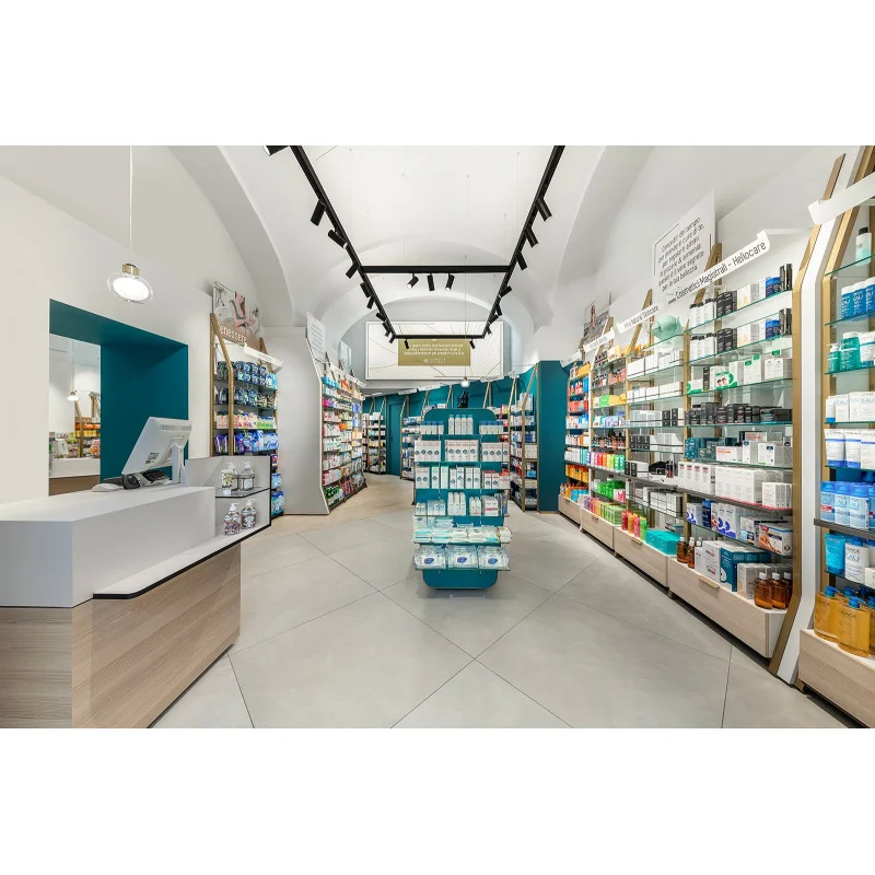 custom.Modern Medical Store Furniture Customizable Decoration Fixture Shops Showrooms Acrylic Glass Wood Polished Counter Di
