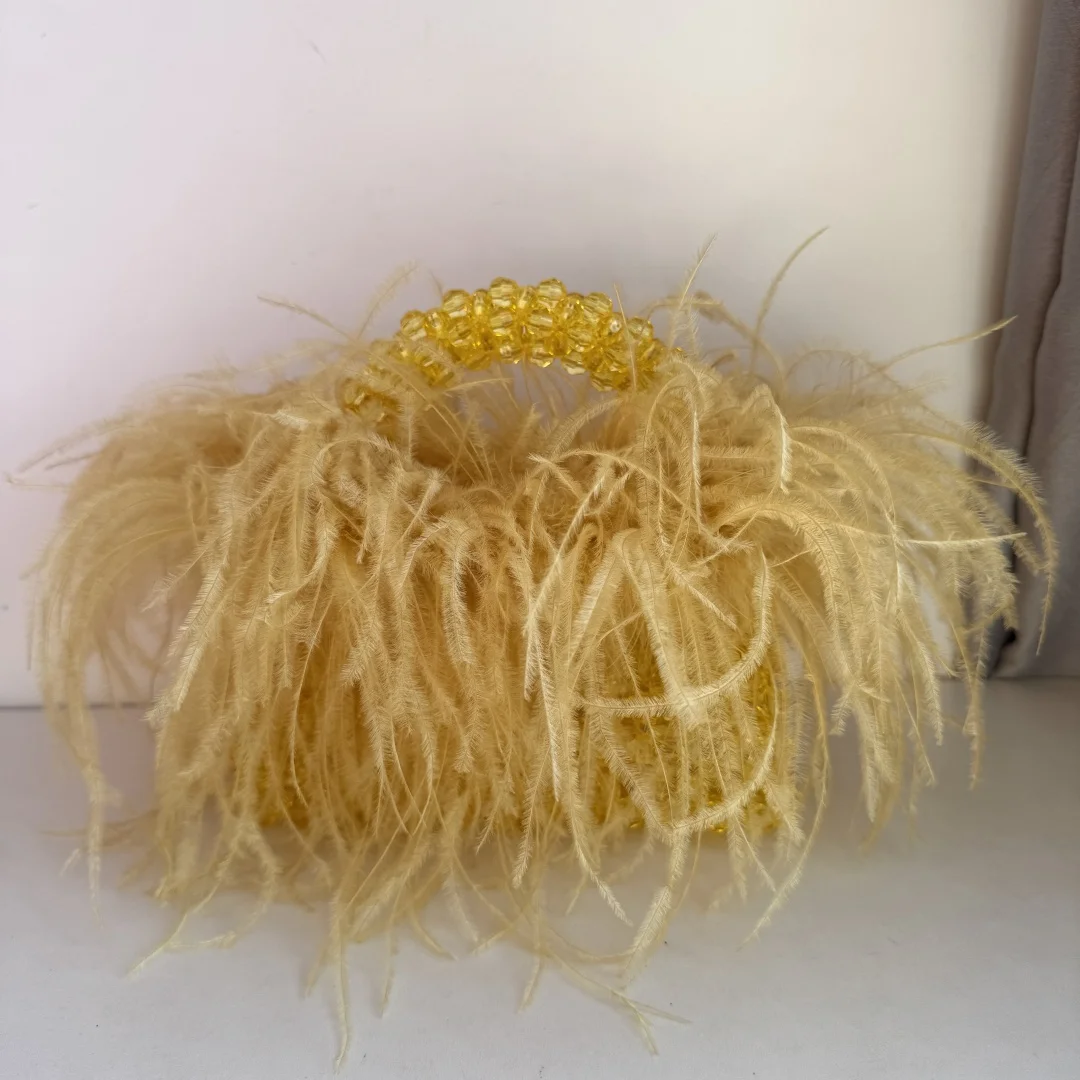 Pearl Bead Bag With Feather Fur Designer Brand Clear Acrylic Crystal Stone Box Tote Handbag Women Handmade Party Purse image 3