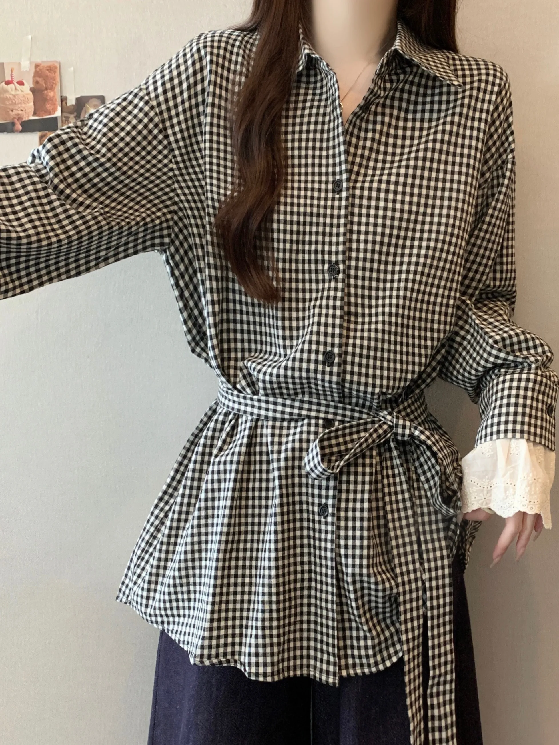 

Женская рубашка больших размеров в винтажном стиле, в клетку, с длинным рукавом, свободного кроя, с поясом на талии, в корейском стиле, для повседневной носки
