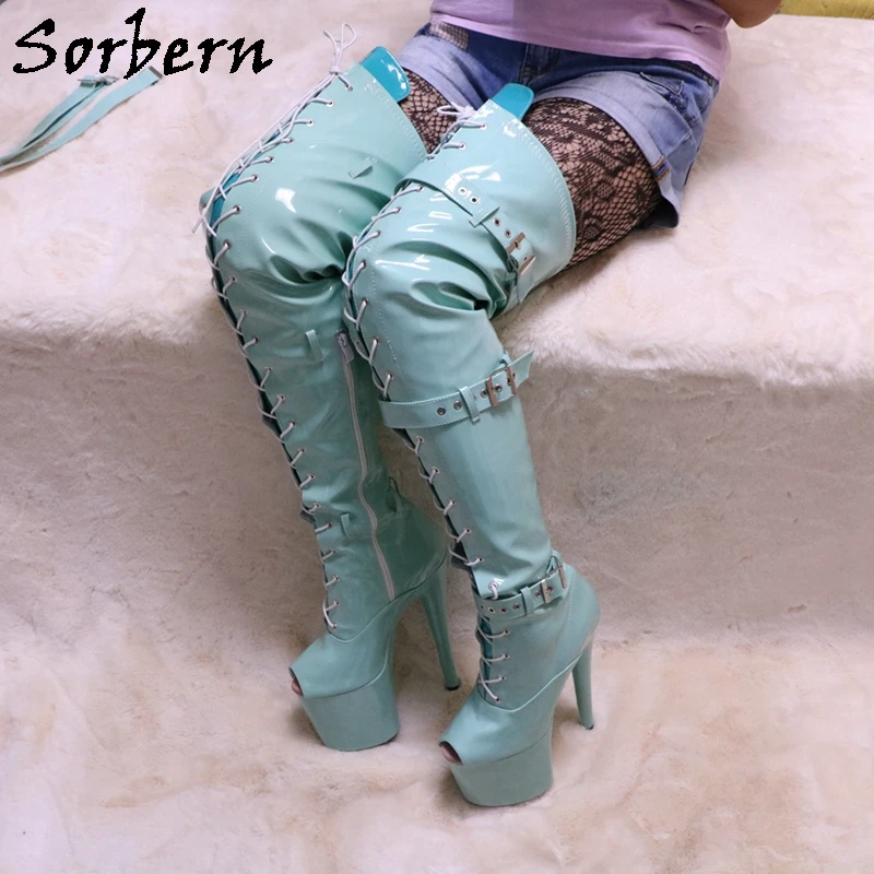Sorbern Mint Green Peep Toe Pole Dance Boots For Women Stripper High Heels 20Cm Lace Up Multi Straps Custom Leg Shoes