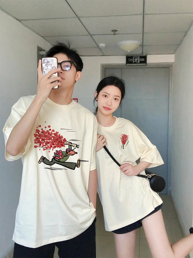 240g Cotton Summer Fashion Interesting Flower Graphic Men Women Casual Short Sleeved T-Shirt Tee Top For Couple Clothes