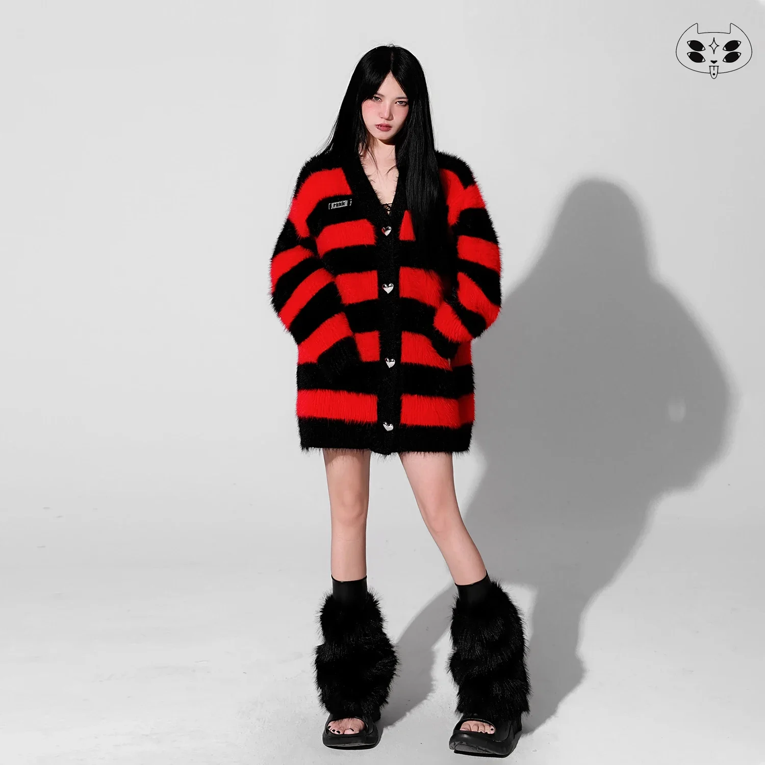 New Autumn Winter Harajuku Stripe V-neck Red Kawaii Hot Girl Loose Long Sleeve Thick Fashion Sweet Knitting Coat