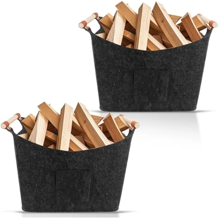 

Firewood Carrier with Wooded HandlesFelt Firewood Basket and Front Pocket Multipurpose Foldable Large Capacity Carrier Storage