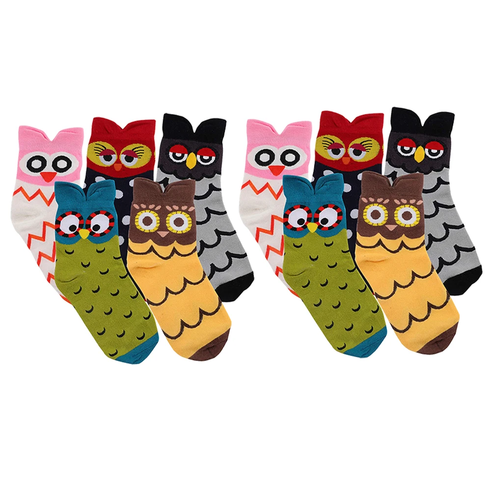 

5 Pairs Owl Socks Mid-calf Mixed Colors Cute Cartoon Comfortable Cotton Wear-resistant Breathable Absorbent Animal for Women