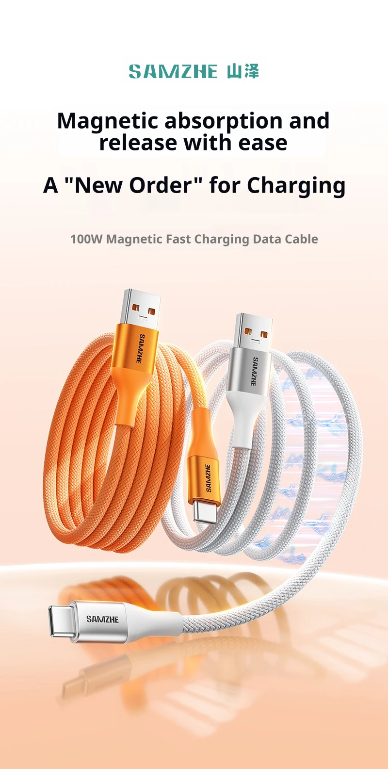 SAMZHE 100W Magnetisches USB-C-Ladekabel für iPhone 17/16/15, Samsung, Xiaomi, Huawei, Honor – USB-C-Nylon-Lade- und Datenkabel – Detail 1
