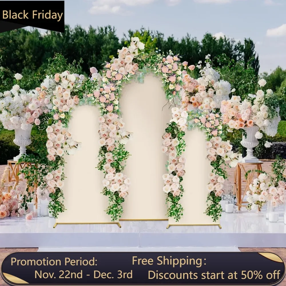 3 Sets Gold Metal Wedding Arch Arched Backdrop Stand and 3 Pcs Arch Cover 6ft/5ft/4ft Garden Arbor Frame Birthday Party Ceremony